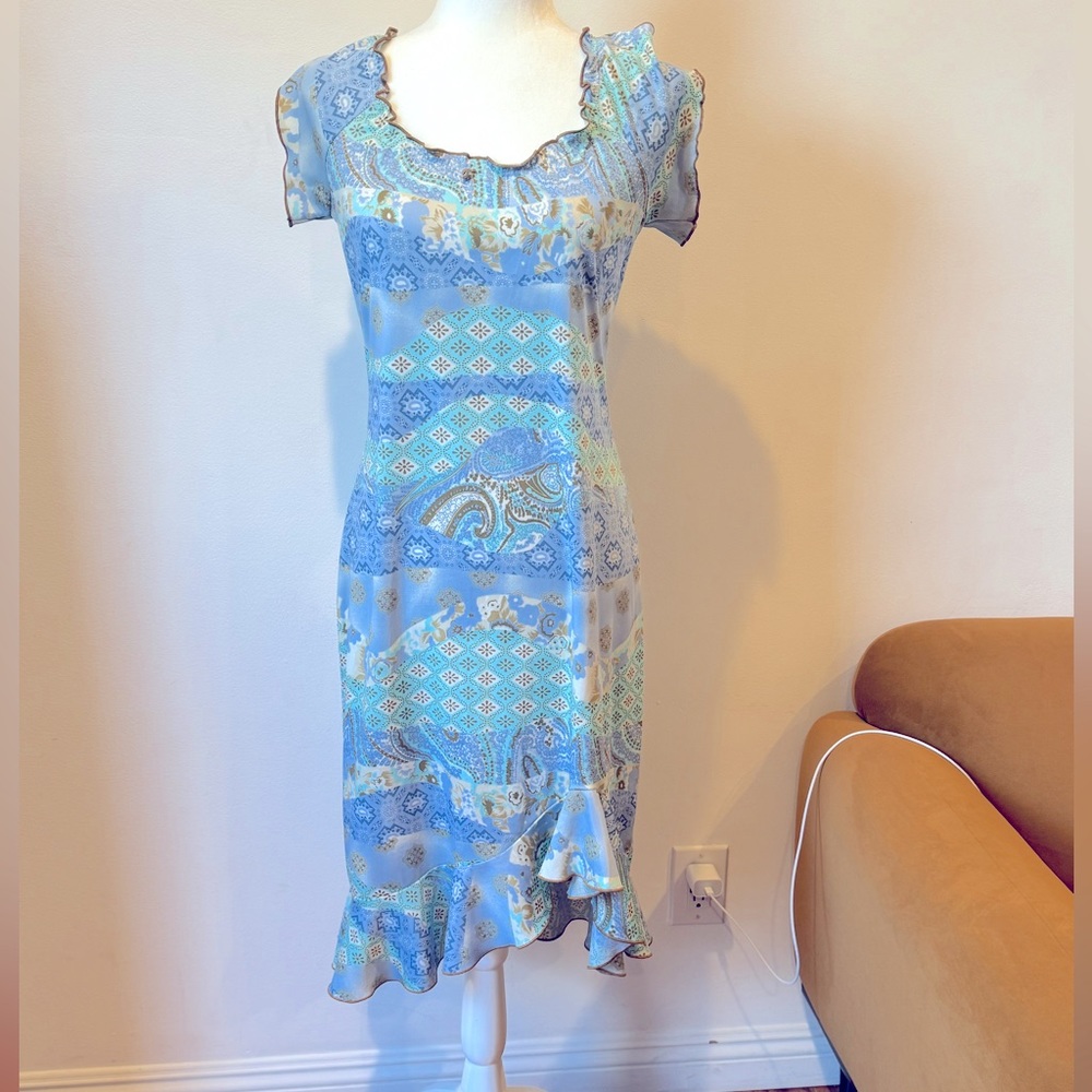 Runched Light Blue & Brown Vintage Dress